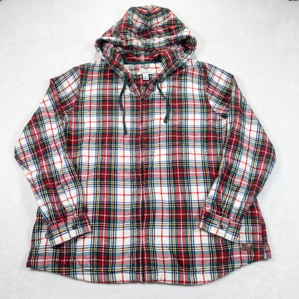 LL Bean Scotch Plaid Flannel Hoodie Women XL Red White Relaxed Zip Up Granola